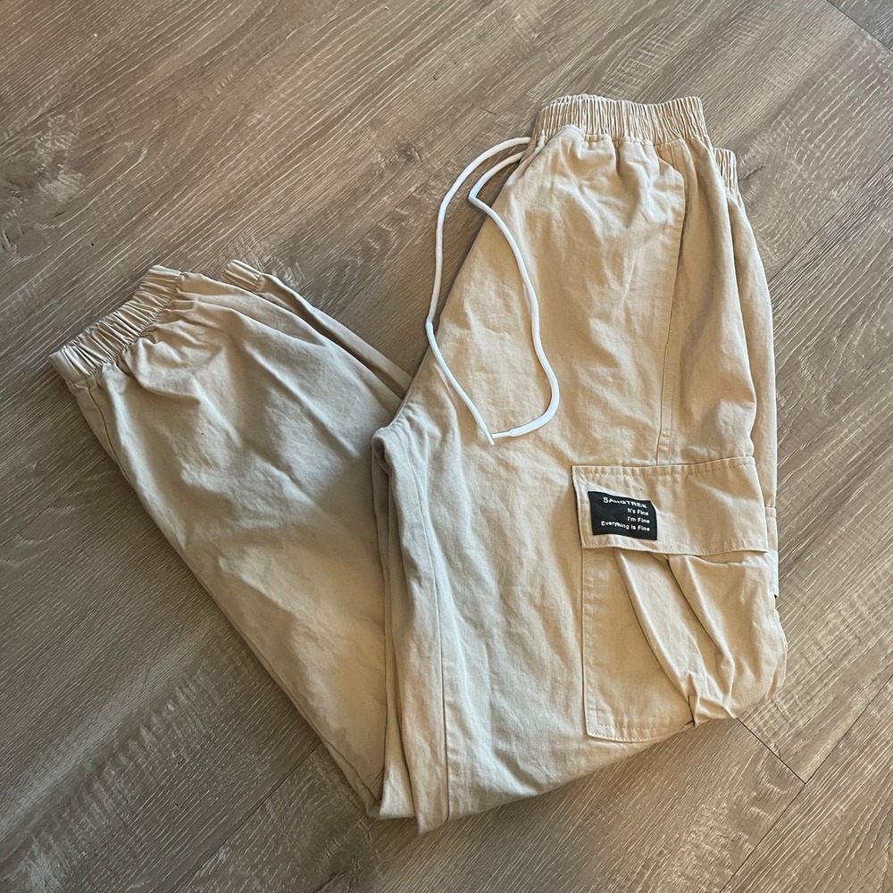 Sangtree Mens Cargo Jogger Pants Small Tan Khaki Cotton Elastic Waist Utility